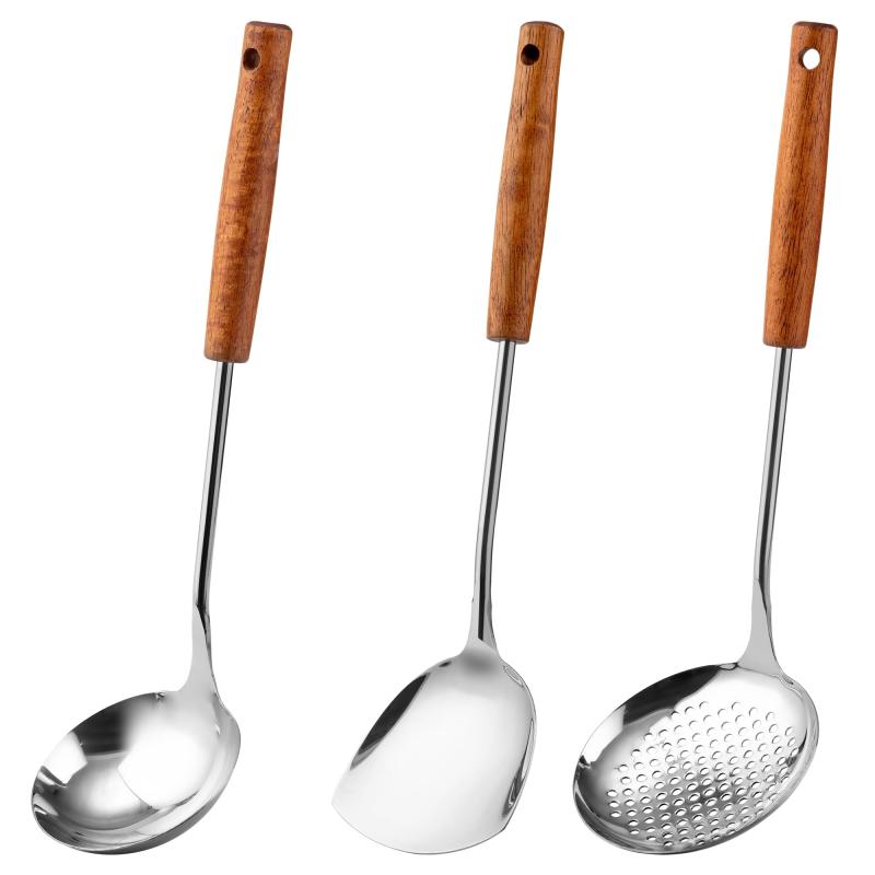 FJNATINH お玉 304ステンレス製中華鍋用ヘラ 中華鍋用具,赤い胡桃の木