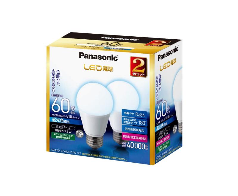 Rakuten - パナソニック LED電球 口金直径26mm 電球60W形相当 昼光色相当(7.3W) 一般電球・広配光タイプ 2個入 密閉形器具対応 LDA7DGK60ESW2T