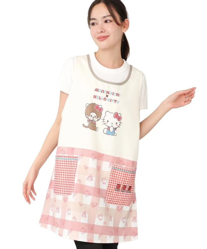 Rakuten - [ON NISHIKI] モンチッチ ハローキティ エプロン 保育士 レディース 大人 刺繍 サイドボタン 速乾 シワになりにくい キャラクターエプロン ma43961