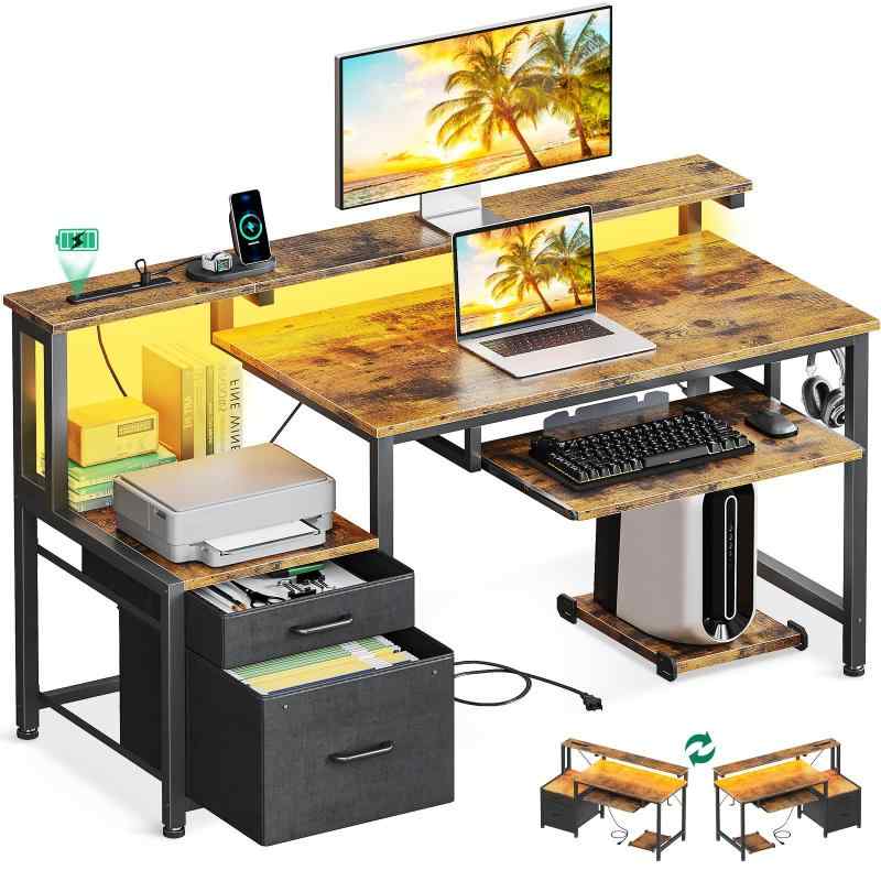 Rakuten - AODK パソコンデスク ゲーミングデスク 引き出し&キーボードスライダー付き 幅120/140cm 机 pcデスク computer desk 桌子 コンセント&LED付き ゲームデスク 長机 CPUスタンド付き 在宅ワーク 左