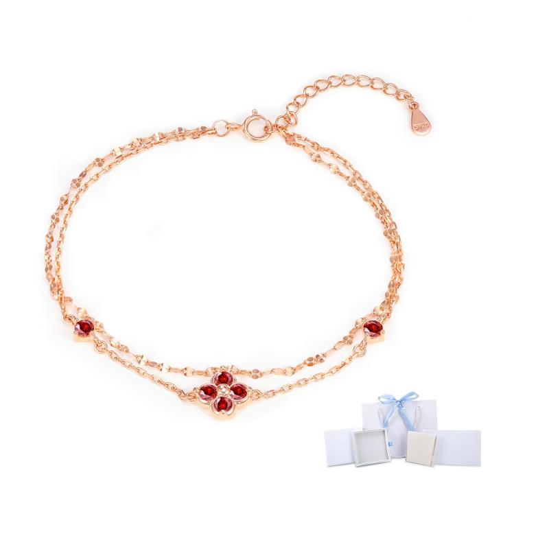 FH.bird ガーネット ブレスレット レディース 1月誕生石 四つ葉のクローバー 【幸運の花】 リボン包装 シルバー 925 金属アレルギー対応 2連 ブレスレット シンプル 成人式 誕生日プレゼント女