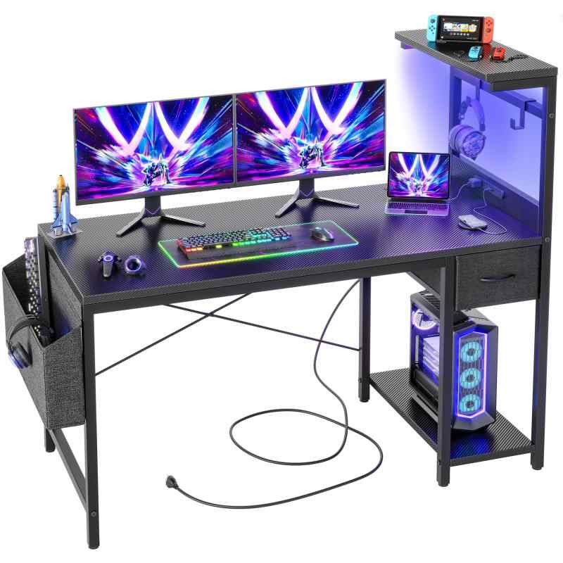 TIQLAB LEDゲーミングデスク - 電源コンセント付き パソコンデスク 大型収納棚 引き出し付き 多機能デスク サイドポケット 2つのフック付き 勉強・ゲーム・仕事・在宅勤務用