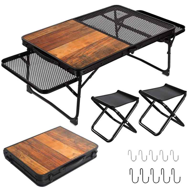 UPF キャンプ テーブル ランタンスタンド付き メッシュ テーブル アウトドア テーブル 軽量 折りたたみテーブル コンパクト ローテーブル 折り畳み ミニテーブル 耐熱 焚き火テーブル BBQ 登