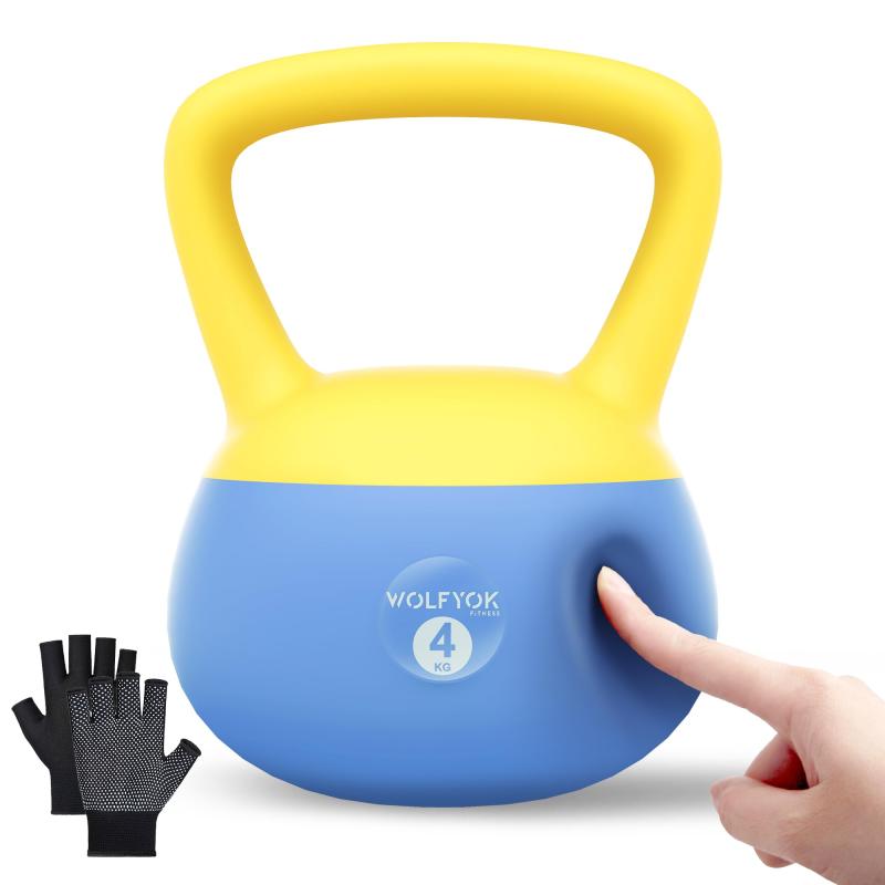 ケトルベル ソフト 4kg 6kg 8kg 10kg 滑り止め手袋 【鋼砂充填・騒音軽減】kettlebell トレーニング フィットネス ソフトケトルベル 筋トレグッズ ダイエット イエロー+ブルー