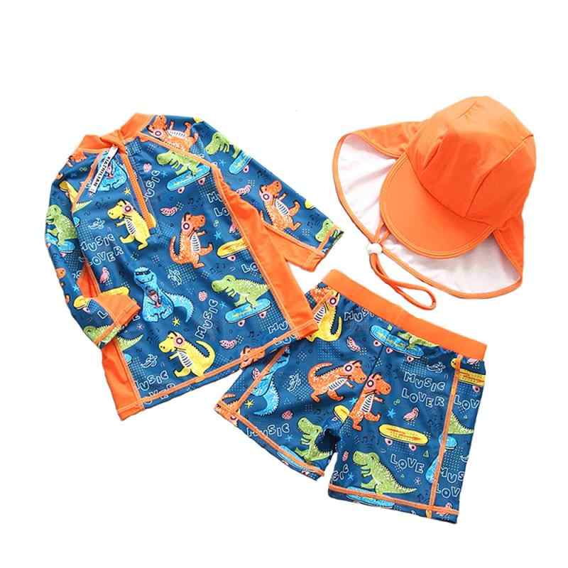 [Friking] 男の子 水着 キッズ 子供水着 ベビー水着 こども みずぎ 子供用 3点セット キャップ付 長袖みずぎ ラッシューガードUVカット ボーイズ 水着 スイムウェア 80 90 100 110 120cm 恐竜柄