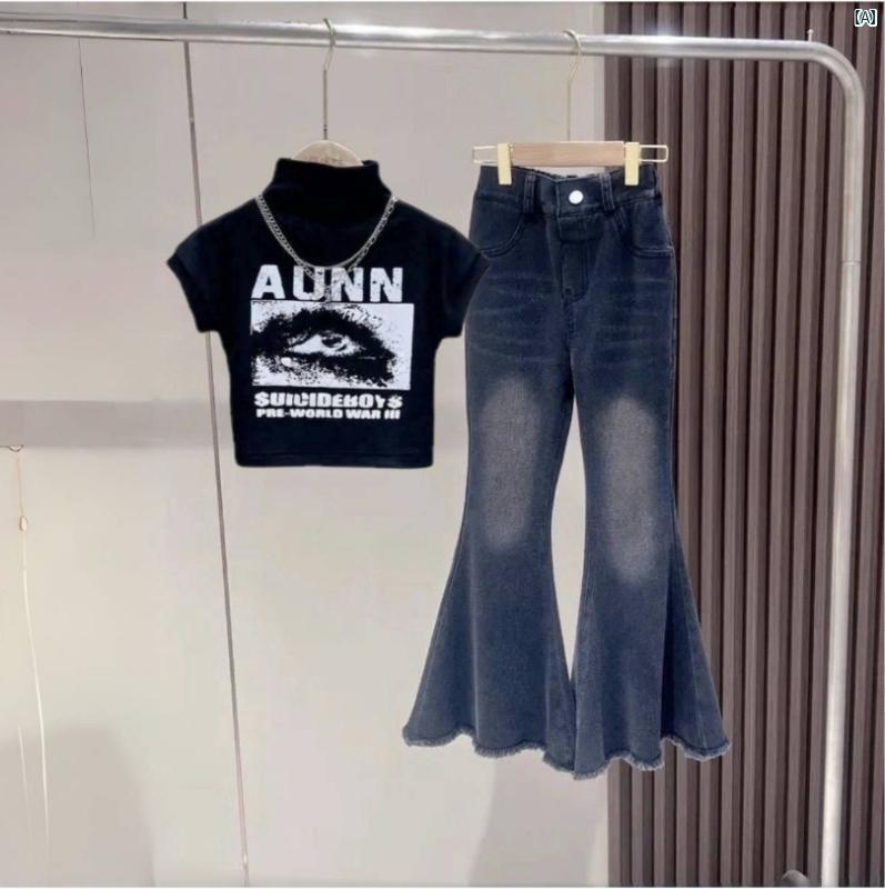 Rakuten - キッズ 女の子 夏用 ノースリーブ トップス デニム フレア パンツ 2点 セット カジュアル 普段使い 軽量 伸縮性 コットン 混
