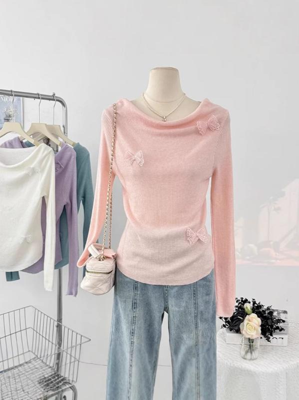 樂天商城 - ニットトップス レディース 長袖 ボートネック 蝶結び 夏 プリーツ フィット スリムシルエット 小柄向け 単色 軽量 吸湿速乾 接触冷感 カジュアル 普段使い