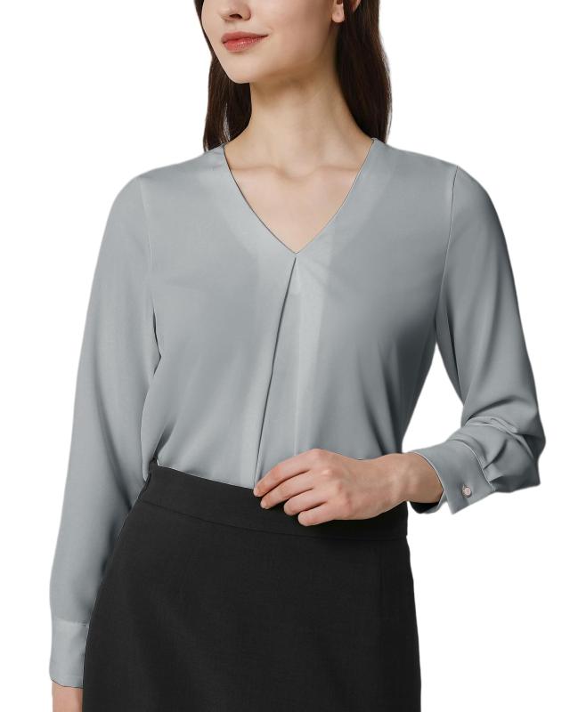 [RCL] ブラウス レディース 長袖 シフォン シャツ Vネック ゆったり 着痩せ タック カジュアル 体型カバー ノーアイロン 可愛い 洗える トップス 無地 OL 通勤 デート 夏 秋 冬