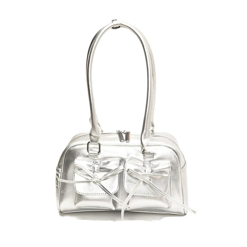 [Lapimou] 横長バッグ リボンバッグ ボストンバッグ ボストン ハンドバッグ 肩掛けバッグ ショルダーバッグ バッグ レディース 横長 リボン 蝶結び シルバー a4 大きめ 幅広 大容量 人気 トレン