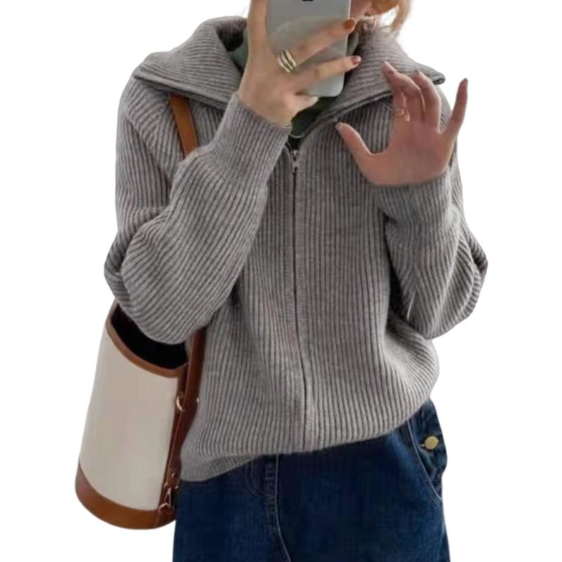 [MlleeSSeeldyTRC] カーディガン レディース 長袖 ニット セーター トップス アウター カットソー 無地 前開き ダブルジップ ゆったり 体型カバー カジュアル シンプル 可愛い 通勤 春 秋 冬