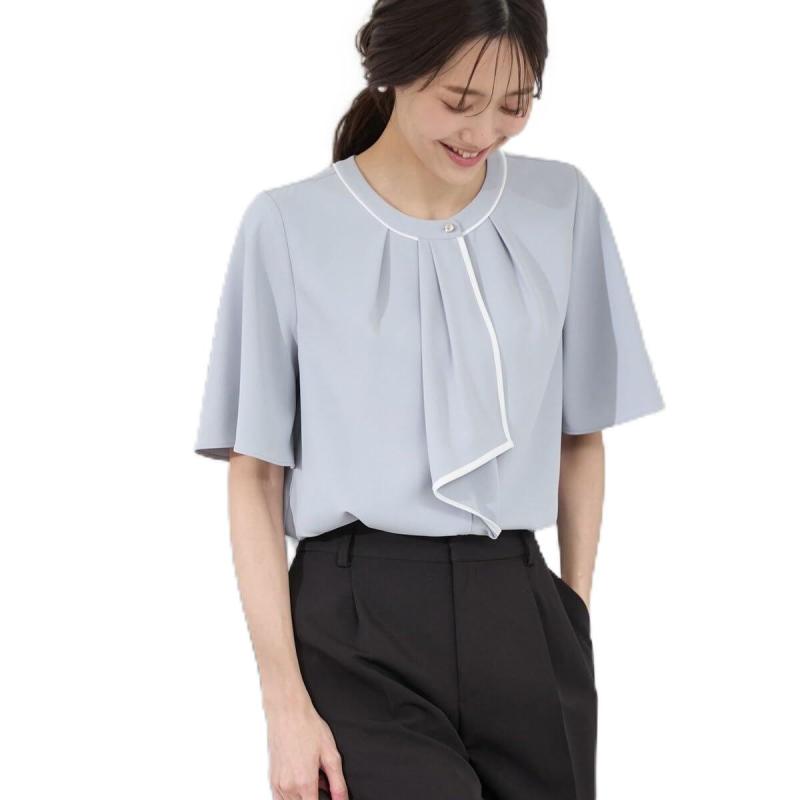 [ロペピクニック] WEBサイズ 配色ボウタイ風ハーフスリーブブラウス/通勤対応