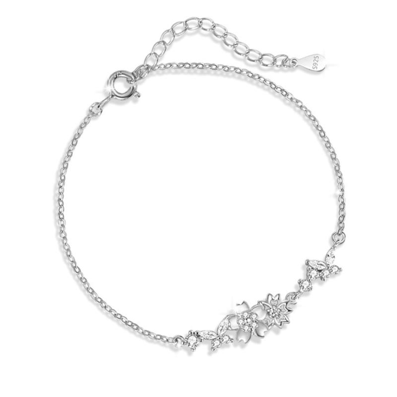 [ORIKIN] 桜 ブレスレット レディース シルバー925 金属アレルギー対応 ジルコニア付き シンプル 超軽量1.8g プレゼント 誕生日 母の日 ギフト チェーン調節可能・15cm+4cm 結婚記念日 フォーマル