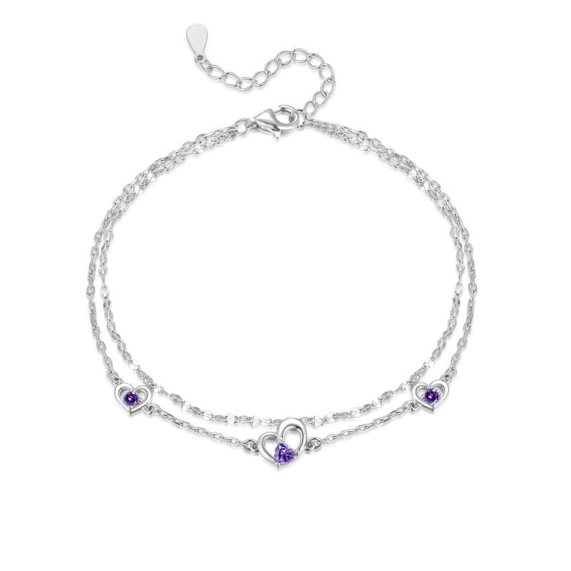 PHNIBIRD アメジスト ブレスレット レディース 人気 2月誕生石 【3つのハート】シルバー925 金属アレルギー対応 ブレスレット 2連 チェーン 普段使い シンプル バレンタイン ギフト ホワイトデ