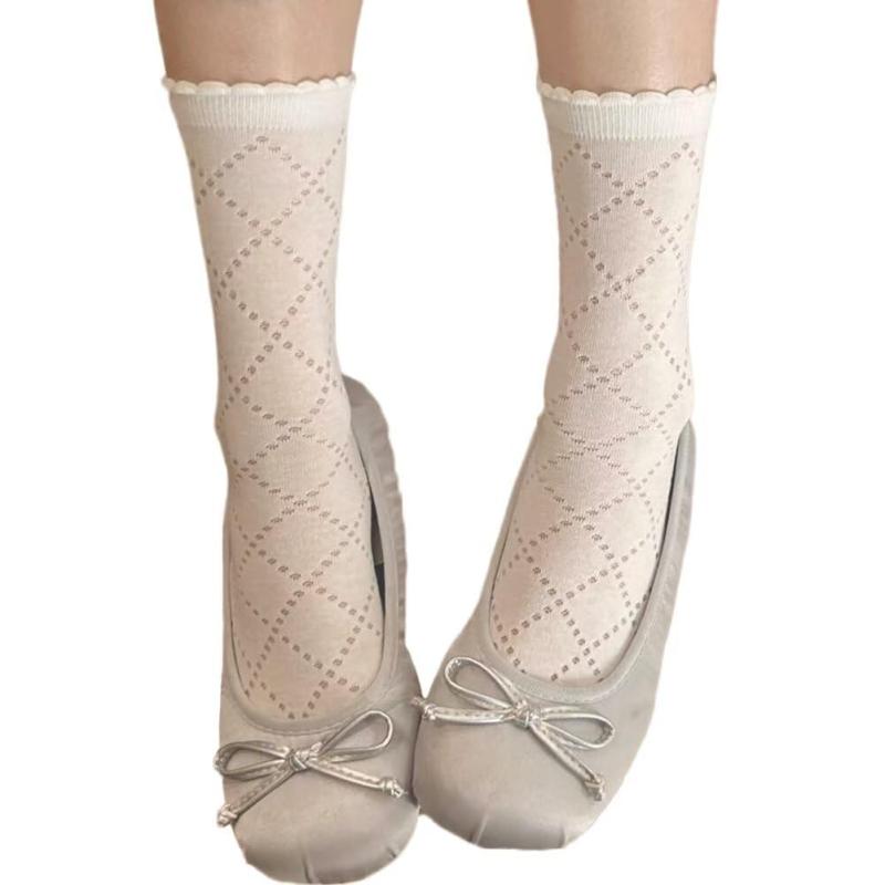 [Eukkis] メッシュクルーソックス 薄手コットン生地ホワイト靴下 可愛いレース柄 ルーズソックス 蒸れない 通気性速乾性