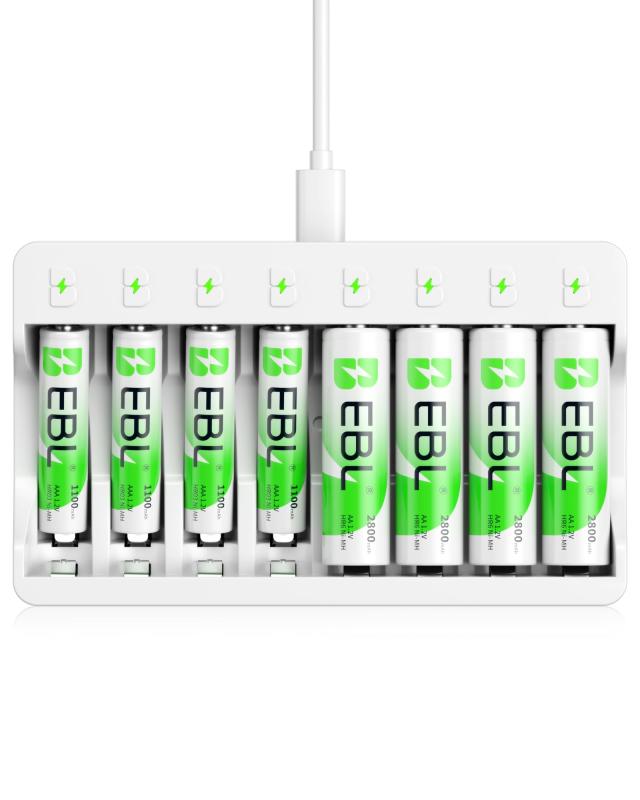 EBL 充電池単3 充電器セット 単三電池（2800mAh*8）+充電器セット ニッケル水素/ニカド充電池に対応 各スロット独立充電 ミニ四駆 充電器 充電電池 単3 充電器セット
