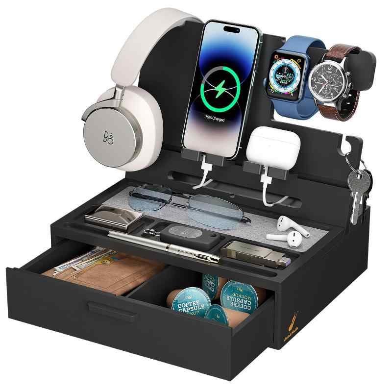 Pezin &amp; Hulin  竹製ドッキングステーション 誕生日プレゼント デスク周りの整理整頓 卓上収納 引き 出し付便利ガジェットき スマホスタンド 財布、キー、メガネ、腕時計、イヤホンなど