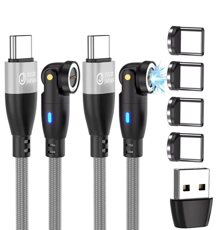 JJ JULIE JAPAN マグネット充電ケーブル PD対応 9PIN 60W USBケーブル 2本セット Type-C端子 4個入り 急速充電対応 USB-C QC データ通信対応 スイングヘッド