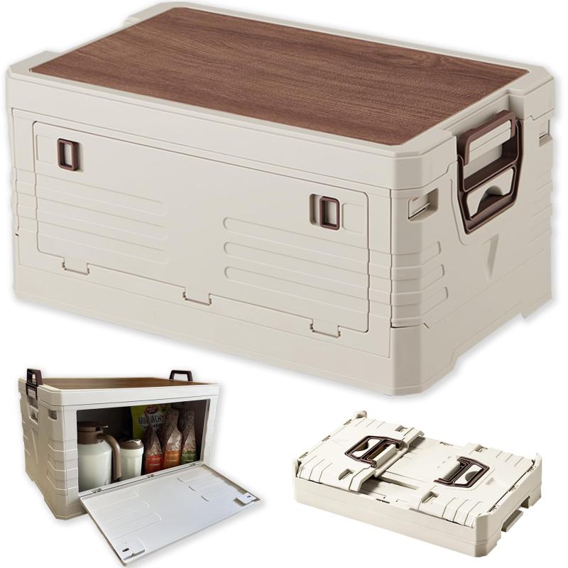 LongYi 収納ボックス 折り畳みコンテナ 木製の蓋付き 折りたたみ 収納ケース 取っ手付き コンテナ ボックス キャンプ 大容量 アウトドア 厚み 強い耐荷重 組み立て簡単 家庭用 寝室 屋外 車用