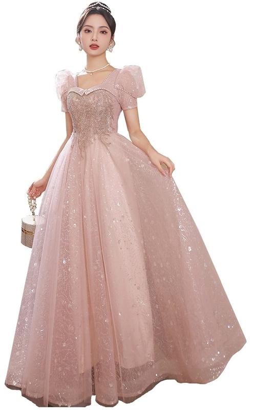 [株式会社豊作] パーティードレス スイートハートネック パフスリーブ ロング Aライン 発表会 2次会 フォーマル 記念写真 ファスナー