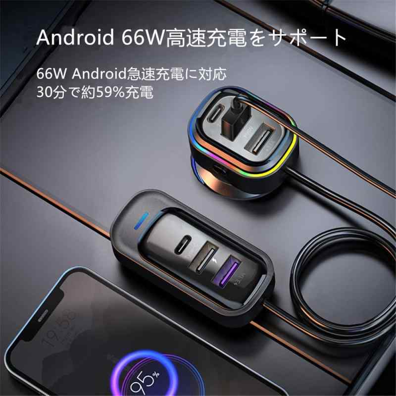 AUSTYLCO 車用充電器 車載分配器 シガーソケット シガーライター RGB アンビエントライト QC100W およびPD 30Wポートを含む 130Wデュアルポート急速充電 電源 急速充電器 電圧表示 12V/24V車の使用と