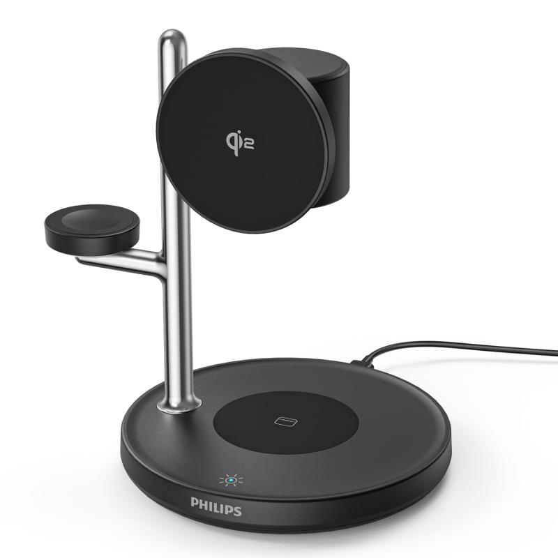 Philips (フィリップス) 3-in-1ワイヤレス充電器 Qi2対応 最大15W 照明ライト付き マグネット式 MagSafe充電器 スタンド型 スマホ/ウォッチ/イヤホン対応 置くだけ充電 iphone16/15/14/13シリーズ Androi
