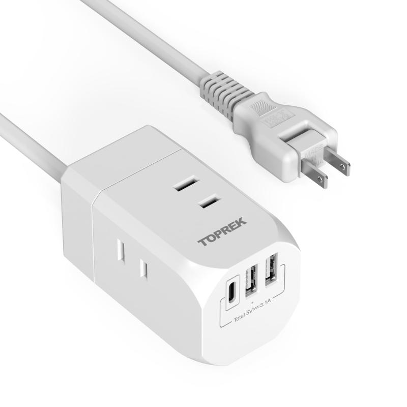 TOPREK 電源タップ 1.5m 延長コード USB コンセント 3個AC口 1個USB-Cポート 2個USB-Aポート 小型軽量 コンセントタップ Type-C付 蛸足コンセント スイッチ付き テーブルタップ たこ足配線