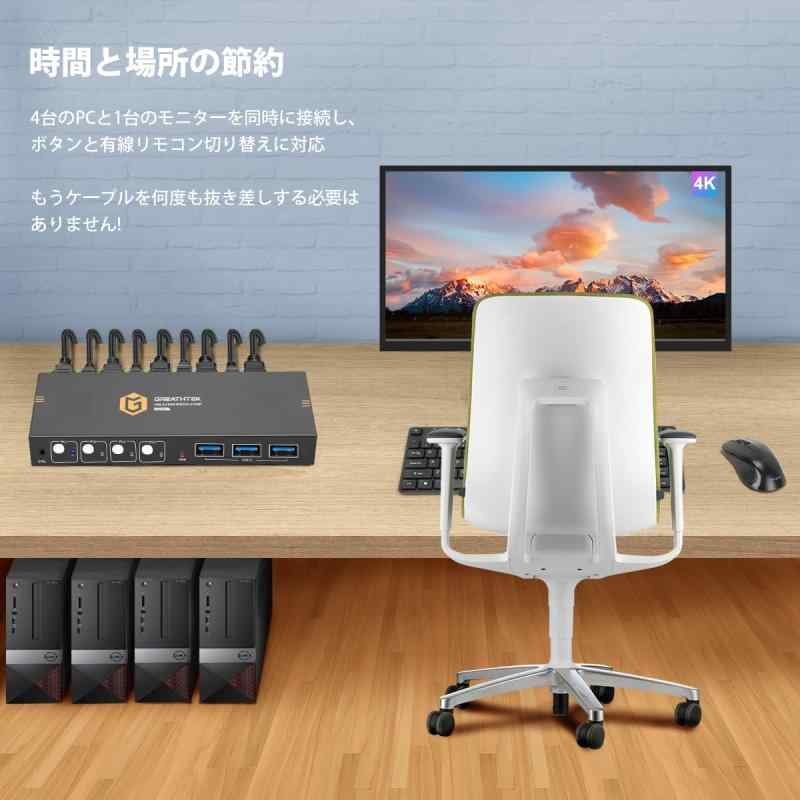 HDMIスイッチ4入力、USB3.0 KVM デュアルモニター4ポート