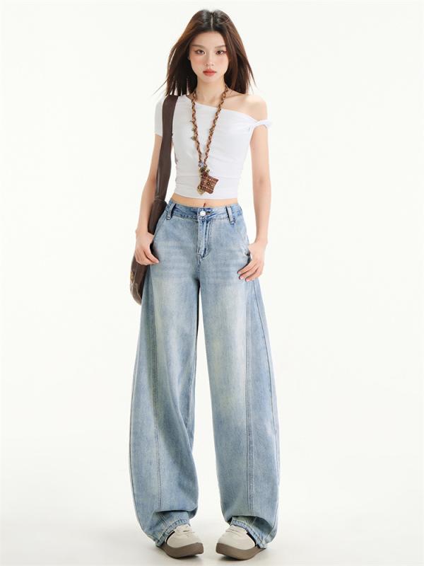 乐天商城 - デニムパンツ レディース 春夏 ライトブルー ハイウエスト ワイドレッグ フィット アメリカンスタイル リラックス カジュアル 普段使い コットン素材 快適シルエット