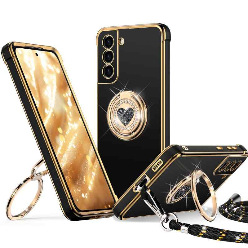 Rakuten - Rockaway Galaxy S21 用 ケース ダブルリング付き ショルダー ストラップ付き 耐衝撃 薄型 軽量 紐付き 肩掛け 斜めかけ かわいい 女の子 おしゃれ スマホケース ギャラクシーS21 カバー - ピンク