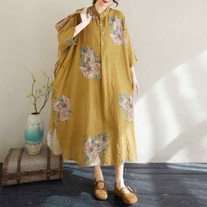 樂天商城 - レディース ワンピース 大きめ サイズ 春夏 レトロ 花柄 コットンリネン 立襟 ゆったり マキシ丈 通気性 軽量 カジュアル 日常使い エレガント ビンテージ ドレス