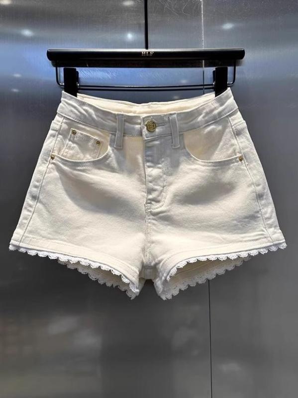 乐天商城 - レディース デニム ショートパンツ レース 花辺 切り替え 夏 薄手 ハイウエスト Aライン スリム カジュアル 普段使い 伸縮性 軽量