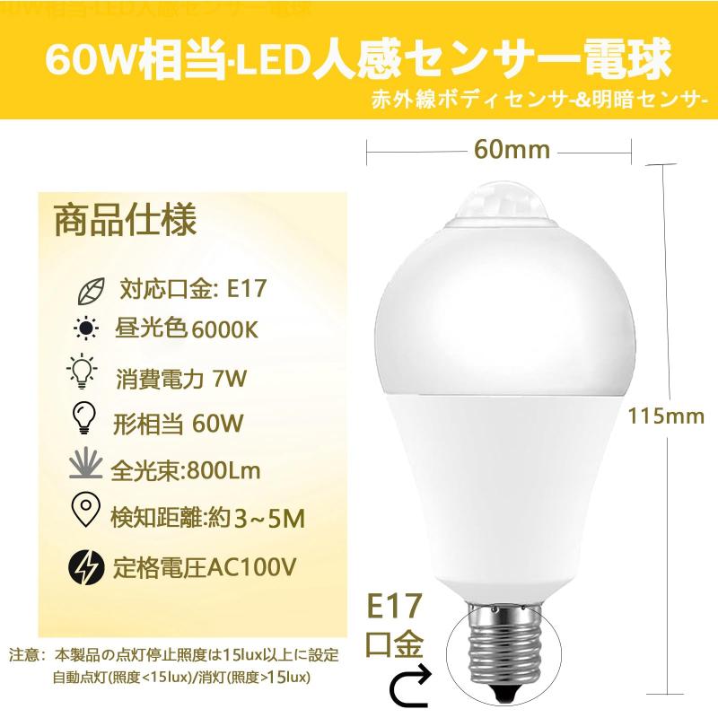 SYXKJ LED電球 E17 60W形相当 7W 人感センサー電球 800LM 電球色 3000K 明暗センサー付き オートライトのオン/オフ 節電 省エネ 調光不可 盗難を防ぐ 玄関 トイレ 廊下 階段（2個入り）