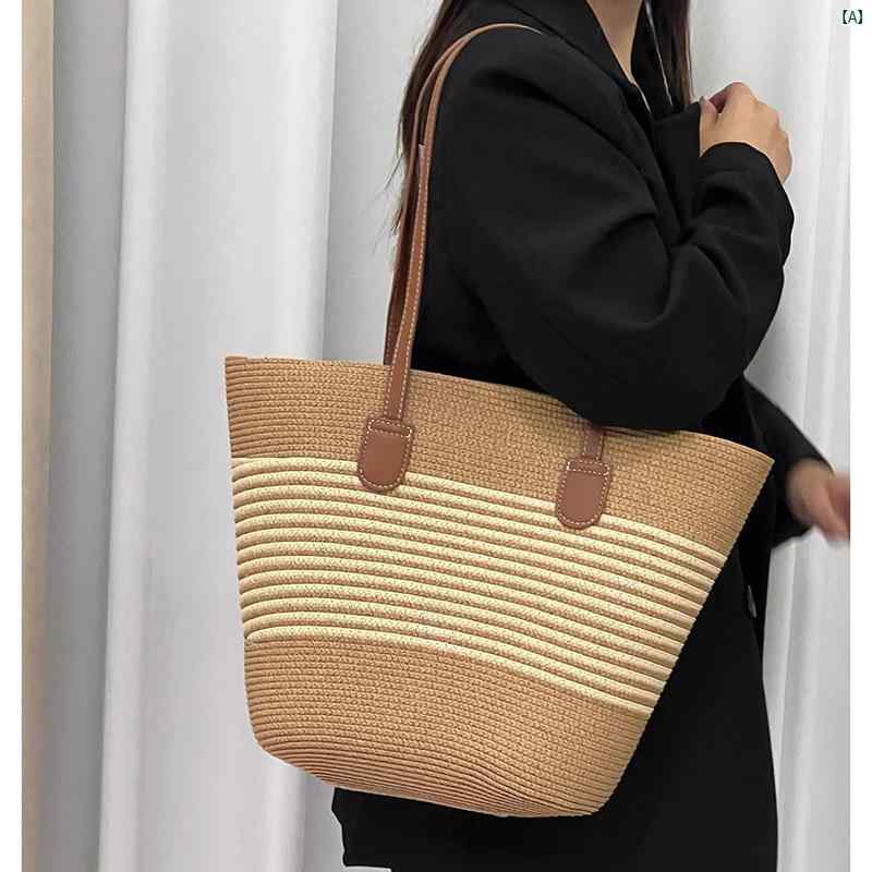 樂天商城 - 女性用 夏用 ストライプ 草編み トートバッグ 大容量 通勤 カジュアル ビーチ 海辺 鞄 ショルダーバッグ 軽量 編み込み ストロー素材 レジャー バッグインバッグ