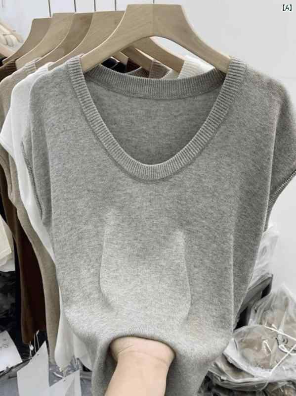 乐天商城 - レディース 薄手 Uネック 半袖 接触冷感 ニット トップス Tシャツ スリムフィット インナー 夏用 吸湿速乾 軽量 伸縮性 コットン混 ブラック ピンク アイボリー カジュアル 普段使い