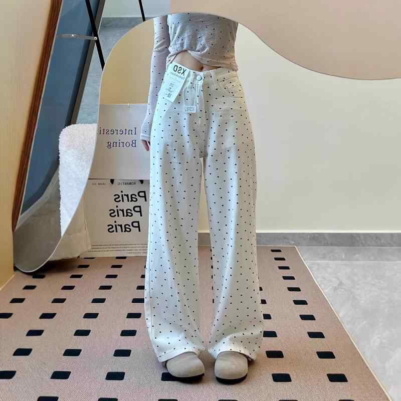 乐天商城 - レディース デニムパンツ ホワイト ポルカドット 小花柄 夏用 ハイウエスト ストレート ワイドレッグ カジュアル ビッグサイズ 普段使い デニム素材 ゆったりシルエット