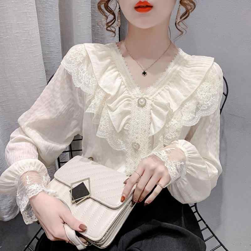 Rakuten - レディース ブラウス Vネック レース フリル シフォン トップス 上品 エレガント フェミニン ガーリー 軽やか 透け感 春秋 ファッション スタイル 女性用 普段使い