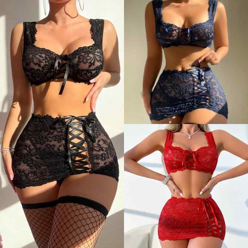 薄紗內衣 - レディース セクシー 透け感 レース 花柄 紐付き 切り替え ブラジャー ショーツ インナー セット ランジェリー