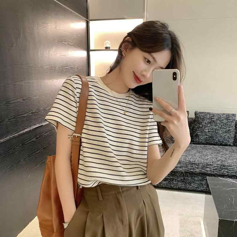 乐天商城 - Tシャツ レディース 短袖 ストライプ レトロ クルーネック ゆったり カジュアル 夏 学生向け 普段使い トップス