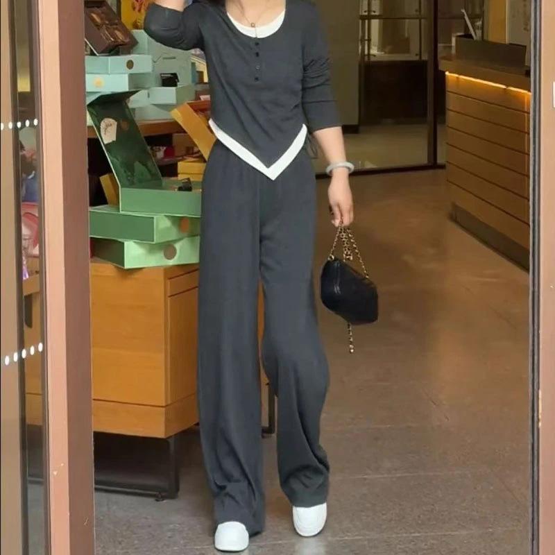 Rakuten - レディース トップス ワイドレッグ パンツ セット 春秋 厚手 ドローコード ストレート シルエット 上品 通勤用 スタイル