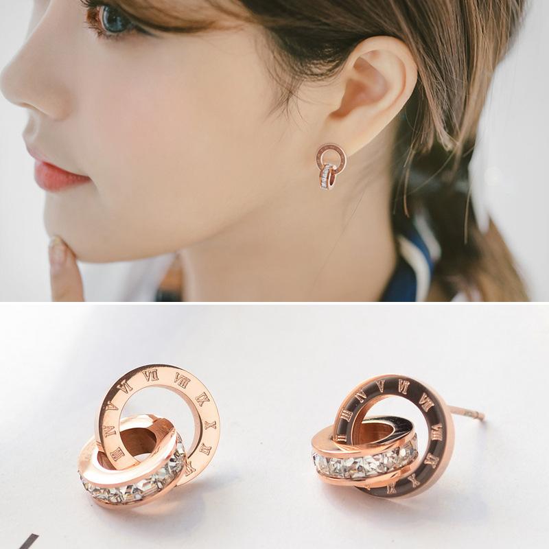 Rakuten - ピアス イヤリング 女性用 ローズゴールド 18K金メッキ ジルコニア ローマンサークル チタンスチール 華やか ファッション 軽量 耐久性