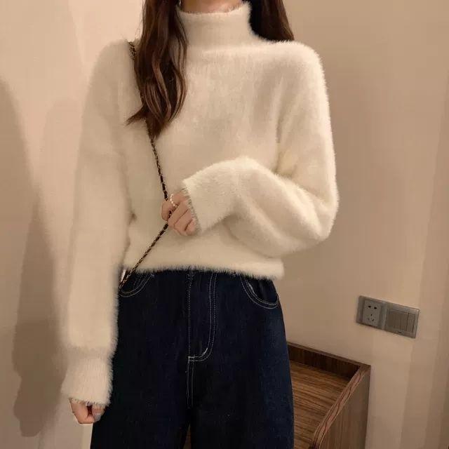 ニットセーター レディース 秋冬 白 ハーフハイネック 厚手 ゆったり 柔らか インナー トップス カシミヤ ウール調 暖か 伸縮性 接触冷感 吸湿速乾 部屋着 通勤用 普段使い ビッグシルエット Vネック ピンク系 アイボリー