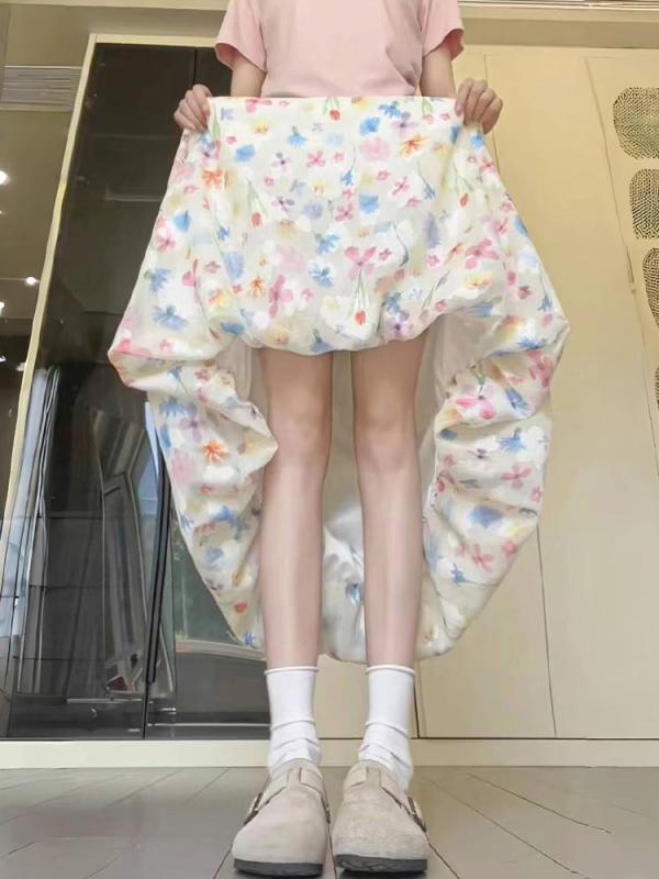 Rakuten - ロングスカート レディース 夏 カラフル 小花柄 ハイウエスト Aライン 接触冷感 再生繊維 スリム効果 フェミニン 韓国 フレア ミディ丈 軽量 通勤 普段使い