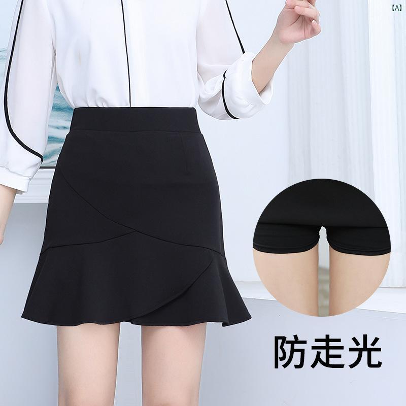 Rakuten - ミニスカート レディース 春夏 フリル ハイウエスト 防透け 伸縮性 ビッグサイズ スリムフィット ブラック カジュアル スタイルアップ 膝上丈 軽やか シルエット 女性らしい 普段使い
