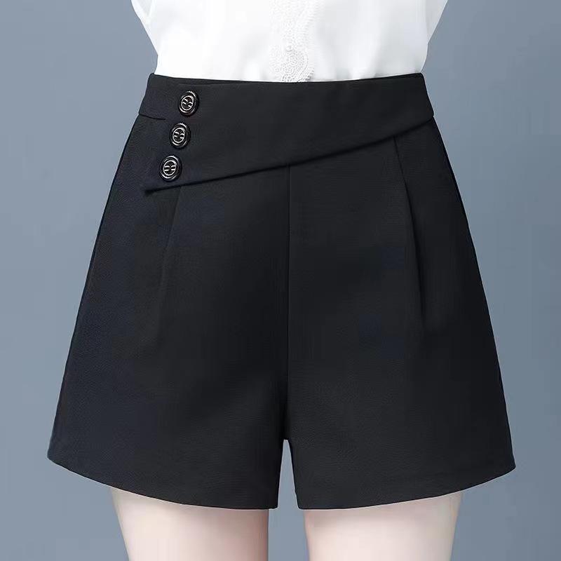 Rakuten - ショートパンツ レディース ハーフパンツ 短パン ボトムス Aライン ハイウエスト 夏用 スーツ生地 センタープレス カジュアル 無地 シンプル 涼しい 脚長効果 膝上丈 オフィス 通勤 通学 普段使い 部屋着 ズボン