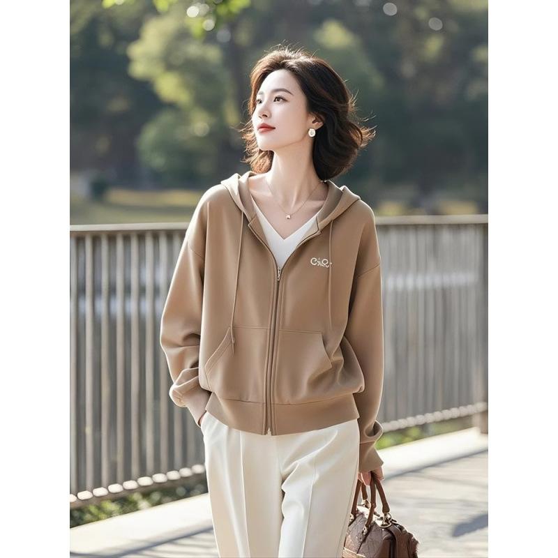 Rakuten - フード付きスウェットカーディガン 女性用 春秋 韓国 カジュアル ゆったり 大きめサイズ ショート丈 ジッパー開き フィット ストリートスタイル 普段使い トップス