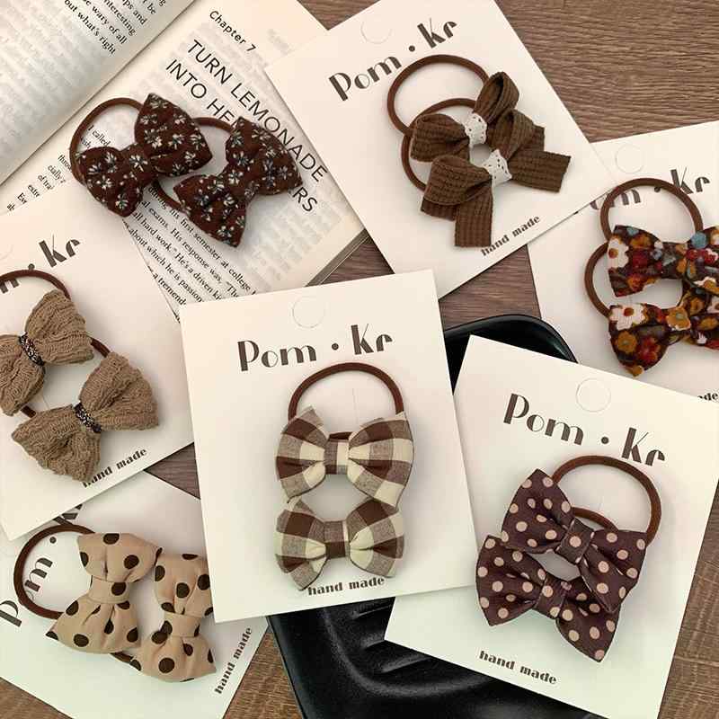 ベビー ヘアゴム 布 蝶結び リボン ペアセット ミルクティーカラー ドット チェック柄 伸縮性 かわいい ヘアアクセサリー 普段使い 軽量 柔らかい素材