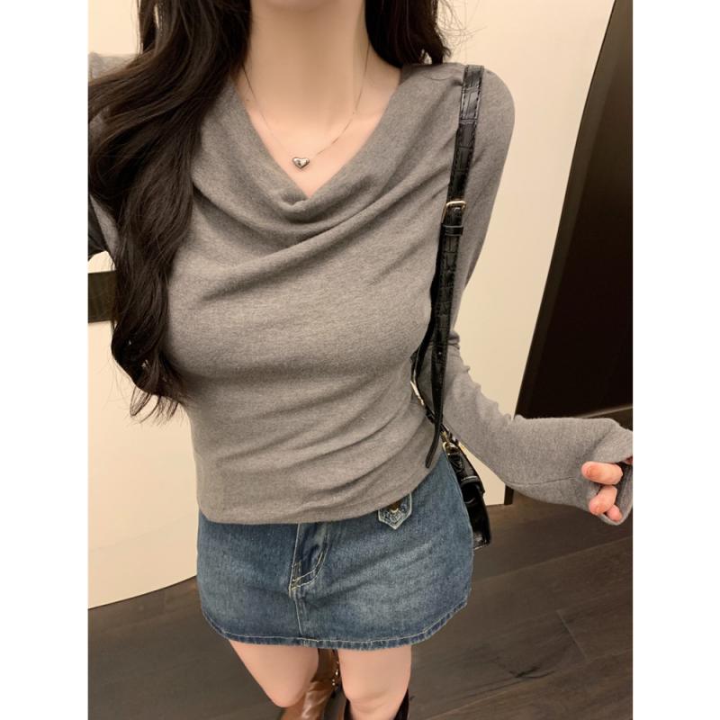 乐天商城 - トップス レディース オフショルダー 長袖 Tシャツ フランネル生地 リブ ボディフィット スリム セクシー インナー 暖か 伸縮性 普段使い