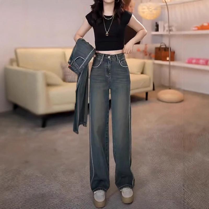 Rakuten - レディース 秋冬 復古 ワイドレッグ デニムパンツ ハイウエスト スリム ストレート ロング丈 ブルー ジーンズ ストレッチ 普段使い