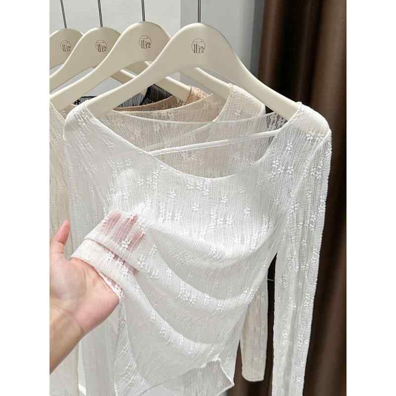 樂天商城 - レディース UVカットトップス レース ホワイト 薄手 個性的 不規則刺繍 低ネック スリムフィット 日焼け防止 カバーアップ ビーチ 夏用 海辺 かわいい 軽量 伸縮性