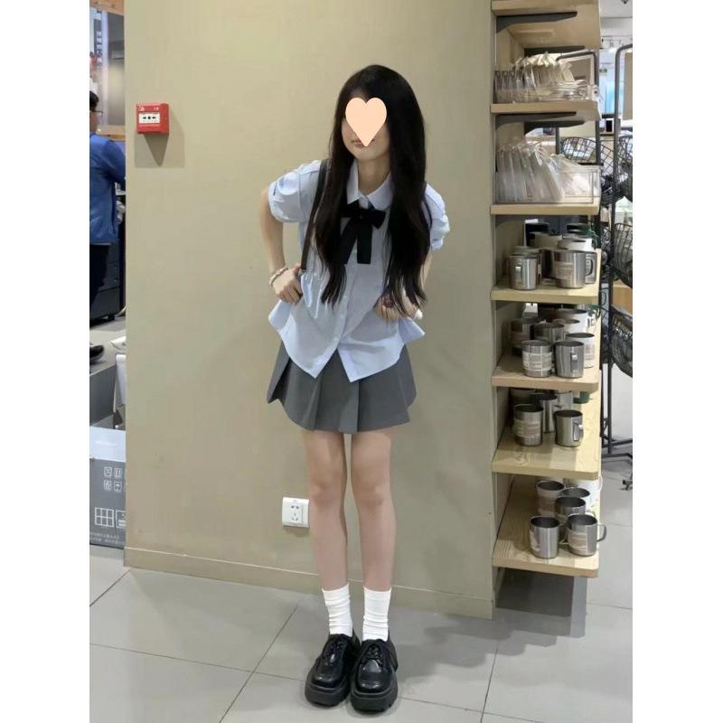 乐天商城 - レディース 夏 学院 短袖 ゆったり シャツ ドール トップス プリーツ ミニスカート セット カジュアル スタイル フィット スリム効果 コーディネート簡単 軽やか